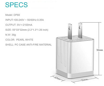 2.1A Dual USB Port Wall Charger Power Adapter