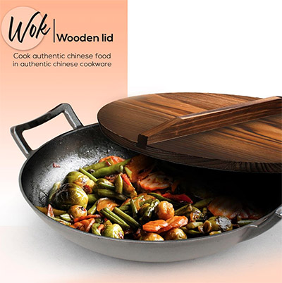 Nutrichef® Cast Iron Pre-seasoned Cooking Wok with Wooden Lid