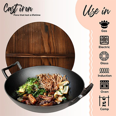 Nutrichef® Cast Iron Pre-seasoned Cooking Wok with Wooden Lid