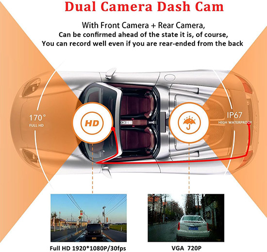 Chortau™ Dual Front and Rear Dash Camera, Audio, and Video Recorder