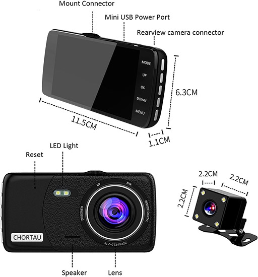 Chortau™ Dual Front and Rear Dash Camera, Audio, and Video Recorder