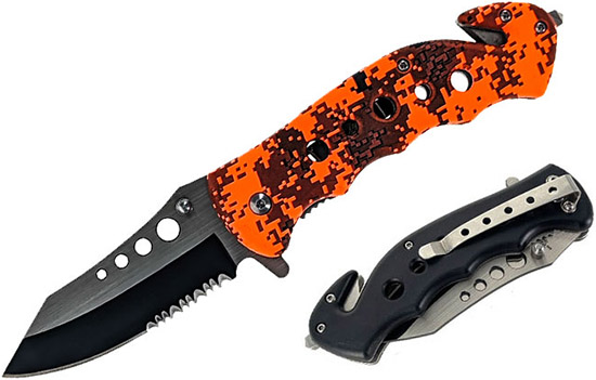 4.75" Spring Assisted Digital Camouflage Pocket Knife with Seat Belt Cutter and Window Breaker